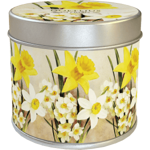 Una lata cilíndrica con ilustraciones de flores amarillas y blancas, incluidos narcisos, en su exterior.