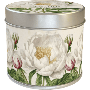 Una lata metálica redonda con estampado floral de peonías blancas y rosas.