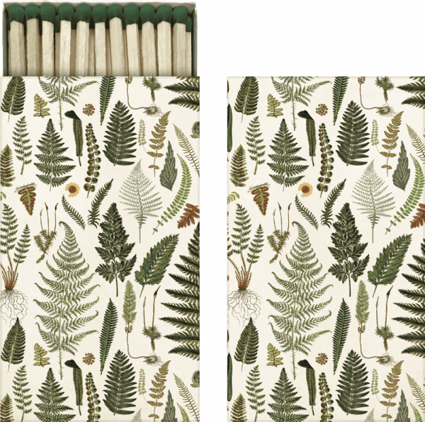 Una caja de fósforos con un diseño botánico que presenta varias hojas de helecho verdes y elementos florales en la tapa.