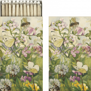 Ilustración de flores, mariposas y abejas, con fósforos en la parte superior.