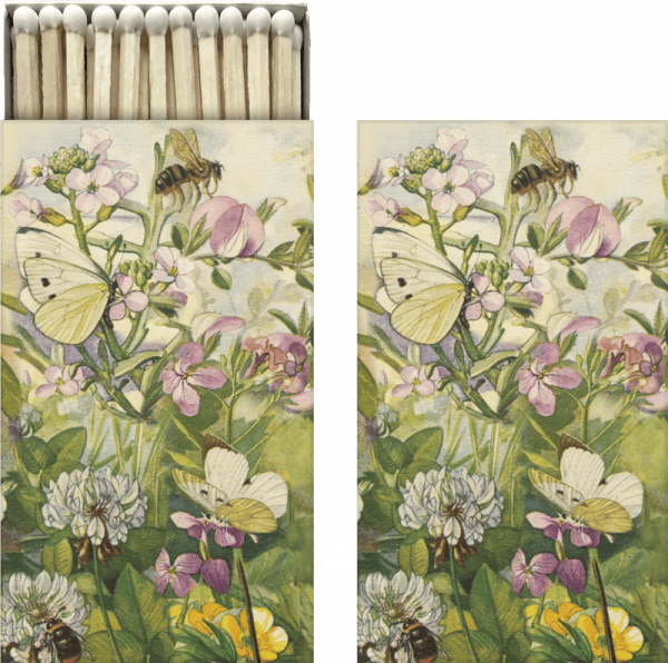 Ilustración de flores, mariposas y abejas, con fósforos en la parte superior.