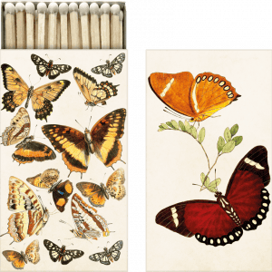 Una caja de cerillas con ilustraciones de mariposas, que presentan varias especies en tonos naranja, amarillo y marrón, se muestra junto a una hoja separada con dos mariposas más grandes en una rama.