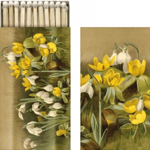 Una caja de cerillas y una tarjeta vintage con una ilustración de flores amarillas y blancas con hojas verdes sobre un fondo marrón.