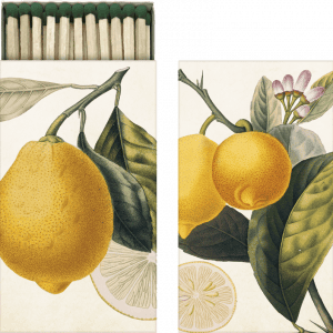Una caja de fósforos con una tapa que presenta una ilustración de limones, rodajas, hojas y flores.