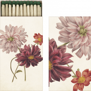 Caja de cerillas con diseño floral con flores rosas y rojas en la tapa.