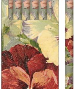 Una caja de seis lápices con un diseño floral y etiquetada "LÁPICES 6 UDS".