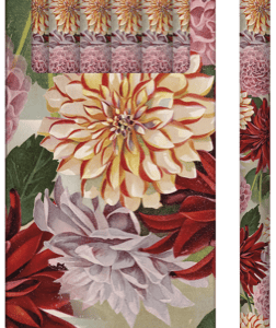 Una caja con seis lápices con motivos florales de color rojo, rosa y crema. Cada lápiz tiene una goma de borrar rosa.