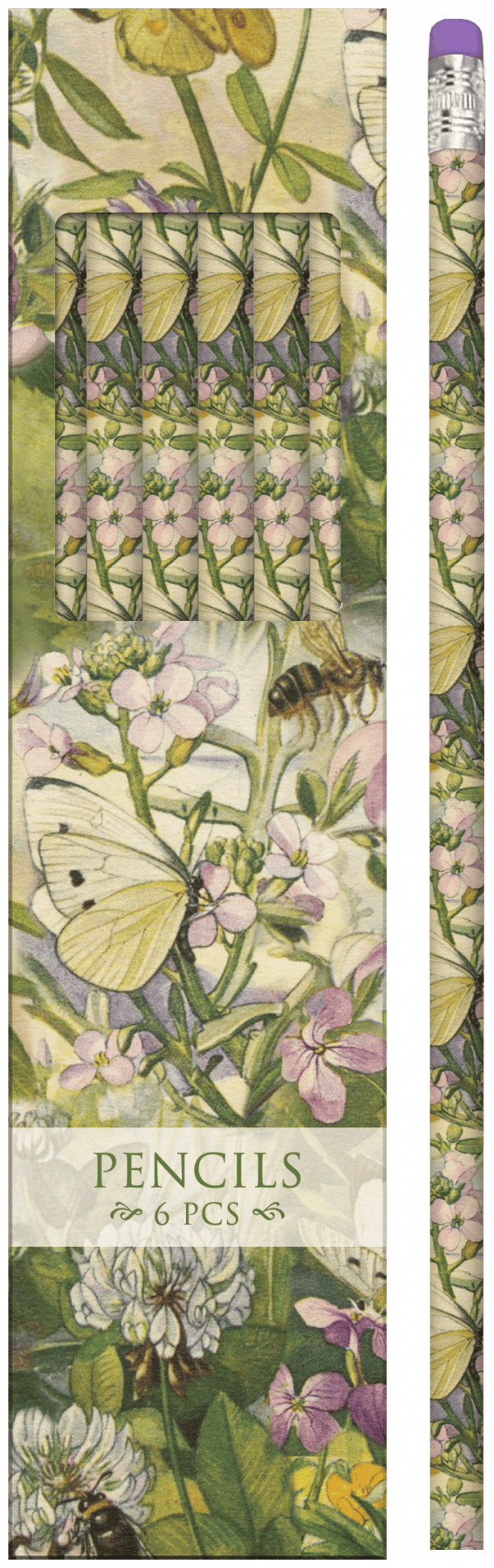 Un juego de seis lápices con ilustraciones de mariposas, abejas y flores. El paquete dice "Lápices 6 uds.