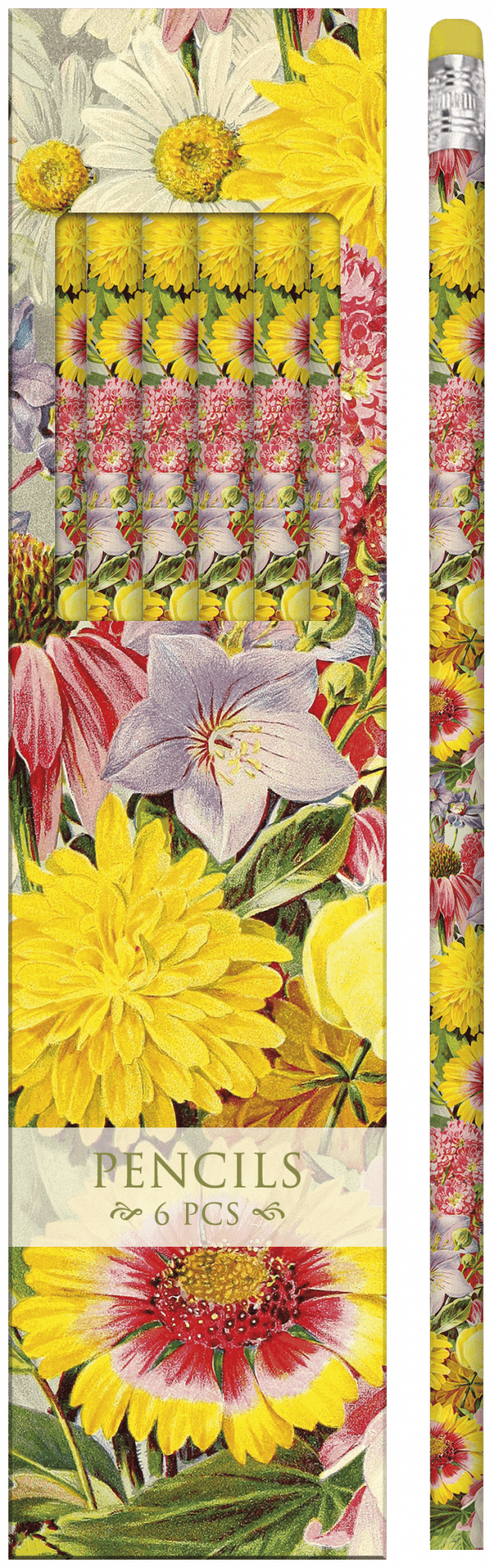 Paquete de seis lápices con diseño floral, con vibrantes flores de color amarillo, rosa y rojo.