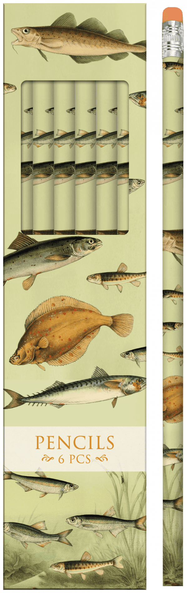 Paquete de seis lápices con diseño de pez ilustrado en el empaque.