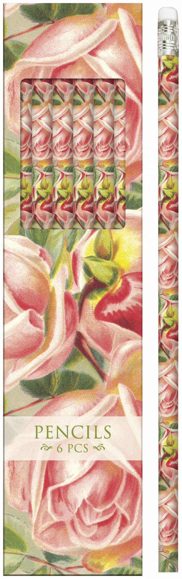 Paquete de seis lápices con estampado floral, con rosas rosadas y hojas verdes.