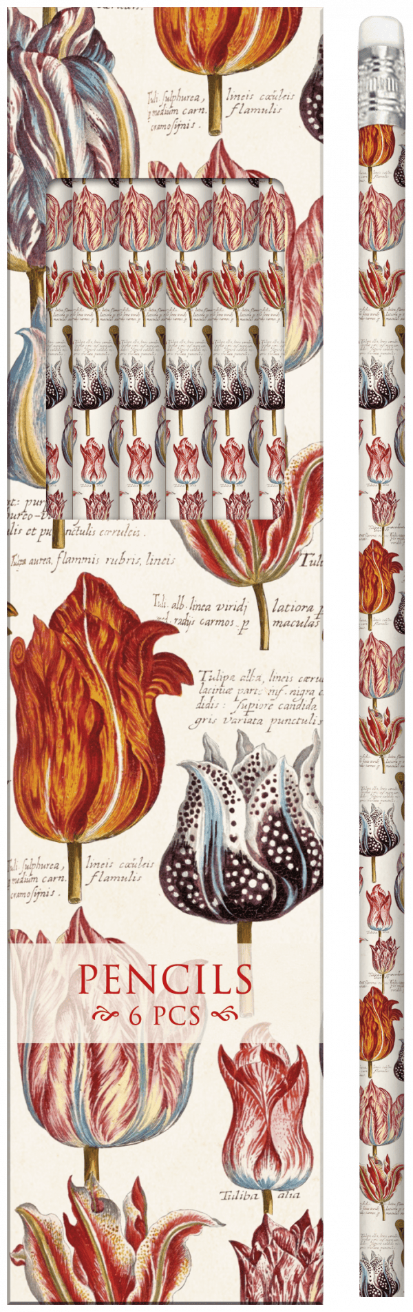 Un juego de seis lápices con diseños ornamentados que presentan ilustraciones de tulipanes de estilo vintage, empaquetados en una caja floral a juego.