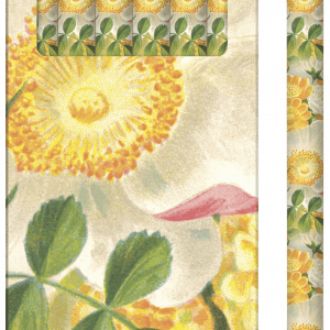Un juego de seis lápices con estampado floral en una caja decorada a juego, con flores amarillas y hojas verdes.