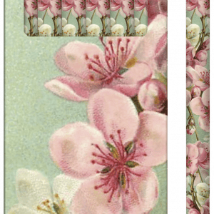 Juego de seis lápices florales con diseño de flores rosas sobre un fondo verde claro. El texto dice "Lápices 6 uds.