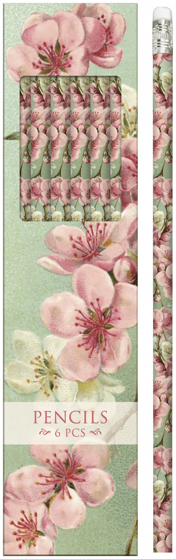 Juego de seis lápices florales con diseño de flores rosas sobre un fondo verde claro. El texto dice "Lápices 6 uds.