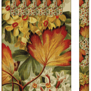 Caja de seis lápices con diseño de hojas otoñales y flores, etiquetada "LÁPICES 6 UDS" en texto rojo.