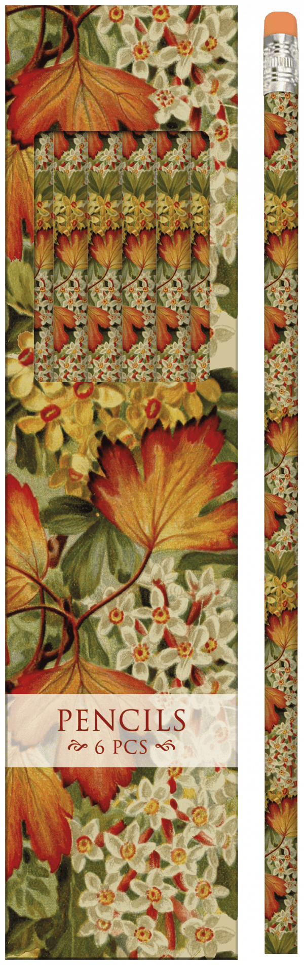 Caja de seis lápices con diseño de hojas otoñales y flores, etiquetada "LÁPICES 6 UDS" en texto rojo.
