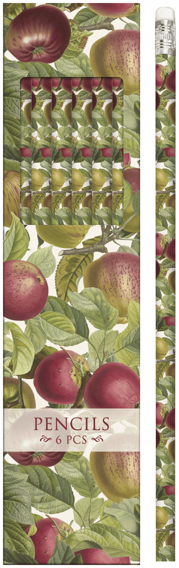 Un paquete de seis lápices con un diseño decorativo de manzanas y hojas en el embalaje de cartón y lápices.