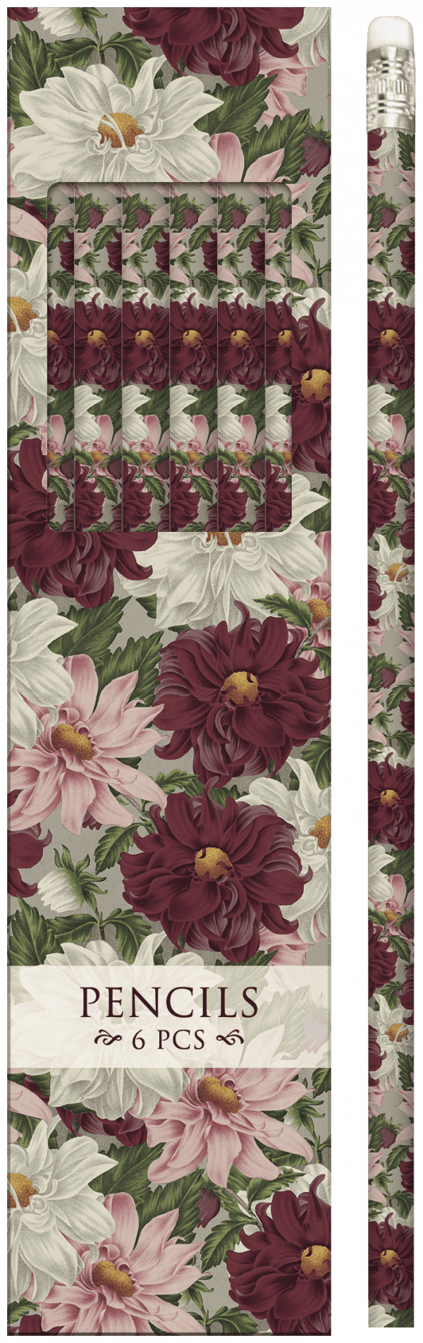 Un paquete de seis lápices con estampado floral y cubierta de plástico transparente, con flores rosas, blancas y burdeos.