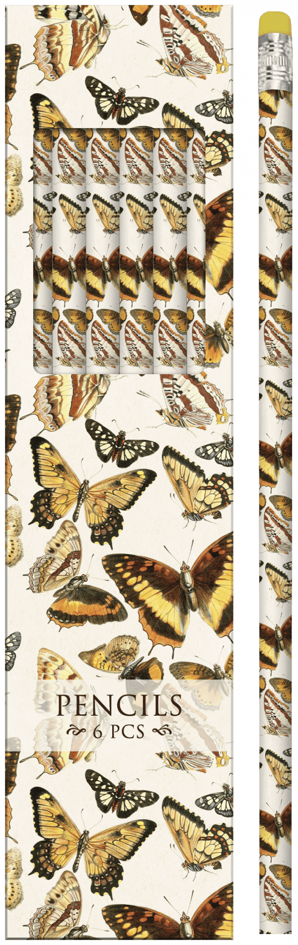 Paquete de seis lápices con diseños de mariposas en una caja a juego con estampado de mariposas.
