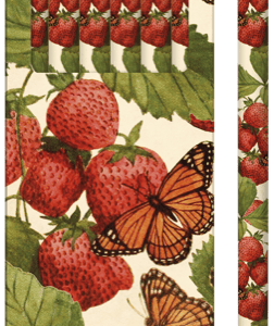 Un paquete de seis lápices con diseño de fresas y mariposas.