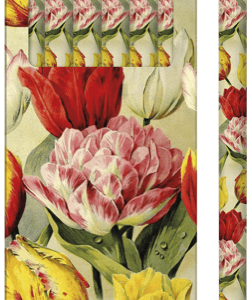 Un paquete de seis lápices con estampado floral, con flores rojas, amarillas y rosas en el empaque.