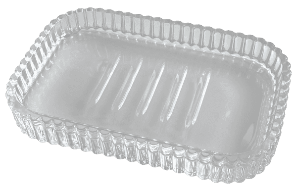 Jabonera rectangular de vidrio transparente con bordes biselados y base ranurada, ligeramente inclinada para mostrar profundidad y detalles.
