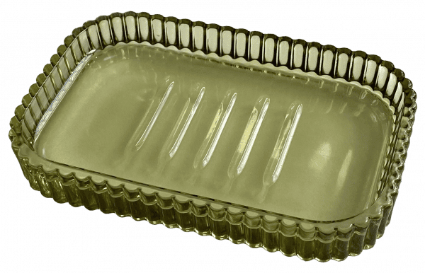 Plato rectangular de vidrio acanalado con líneas estriadas en el fondo, transparente con un sutil tinte verdoso.