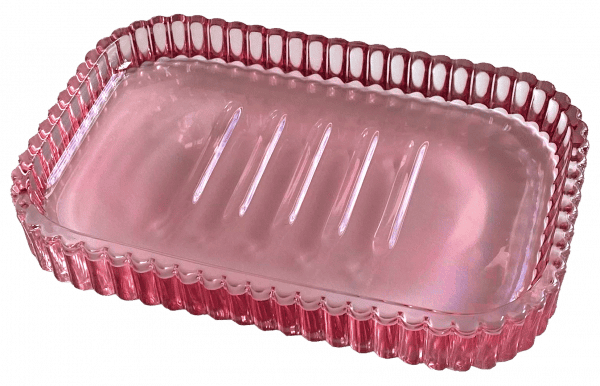 Jabonera rectangular de cristal rosa con relieves y bordes decorativos.