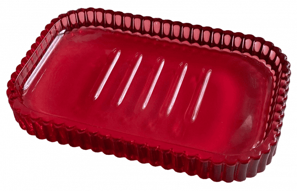 Jabonera rectangular de color rojo con bordes acanalados y ranuras en la parte inferior.