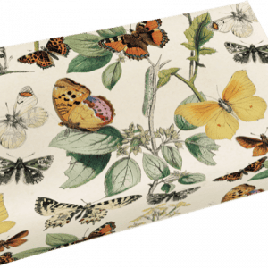 Caja rectangular con estampado botánico y de mariposas que presenta varias especies de mariposas sobre un fondo claro.