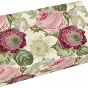 Caja rectangular con estampado floral de flores rosas, rojas y blancas con hojas verdes.