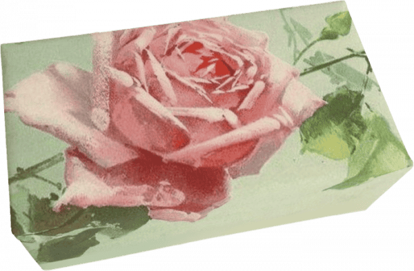 Ilustración de una rosa rosada con hojas verdes sobre una caja rectangular de color verde claro.