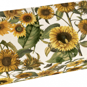 Caja rectangular recubierta de un estampado de girasoles sobre fondo blanco.
