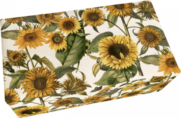 Caja rectangular recubierta de un estampado de girasoles sobre fondo blanco.