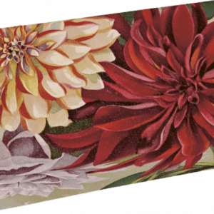 Una caja rectangular con un patrón floral que incluye flores de dalia de color rojo, rosa y crema.