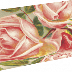 Una caja rectangular decorada con rosas rosadas y hojas verdes sobre un fondo claro.