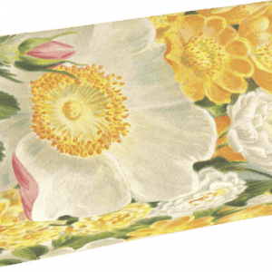 Caja rectangular con diseño floral con grandes flores blancas y amarillas, y hojas verdes.