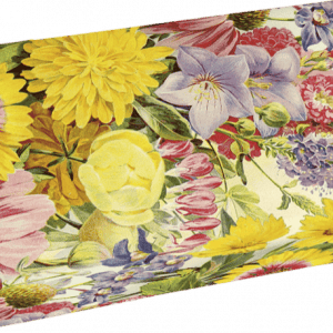 Una caja rectangular con un patrón floral colorido con flores amarillas, rosas, moradas y rojas.