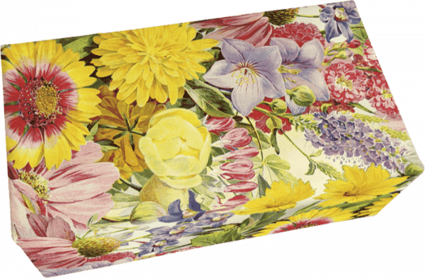 Una caja rectangular con un patrón floral colorido con flores amarillas, rosas, moradas y rojas.