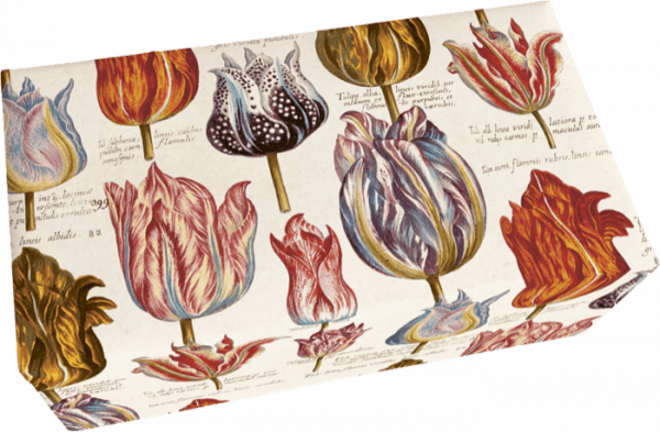 Caja forrada de papel con ilustraciones vintage y descripciones de varias variedades de tulipanes.