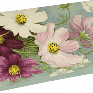 Caja rectangular con diseño floral, con flores de color blanco, rosa y rojo oscuro sobre un fondo azul claro.
