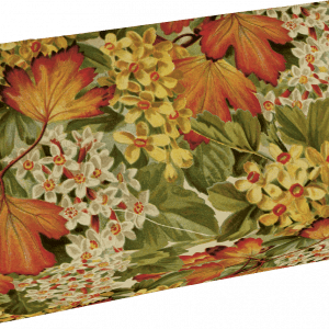 Caja rectangular envuelta en papel con estampado floral y de hojas en tonos rojos, amarillos y verdes.
