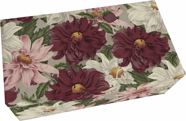 Caja rectangular cubierta con estampado floral que presenta grandes flores de color granate, rosa y blanco con hojas verdes sobre un fondo gris.
