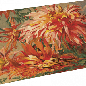 Caja rectangular con diseño floral con flores grandes y coloridas en tonos naranjas y rojos sobre fondo verde.