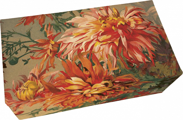 Caja rectangular con diseño floral con flores grandes y coloridas en tonos naranjas y rojos sobre fondo verde.