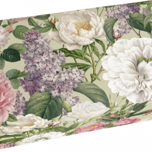 Una caja rectangular con estampado floral de flores rosas, blancas y violetas con hojas verdes sobre un fondo claro.