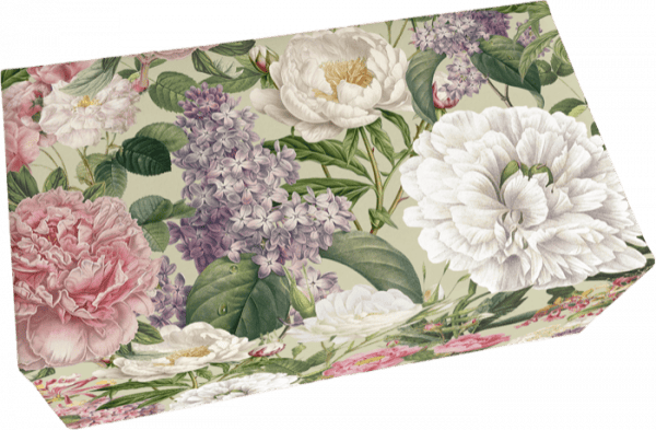 Una caja rectangular con estampado floral de flores rosas, blancas y violetas con hojas verdes sobre un fondo claro.