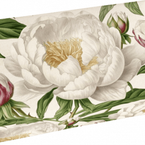 Una caja rectangular con estampado floral con grandes flores blancas y hojas verdes sobre un fondo claro.