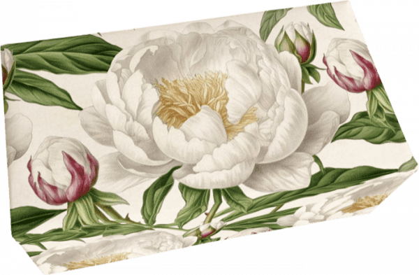 Una caja rectangular con estampado floral con grandes flores blancas y hojas verdes sobre un fondo claro.